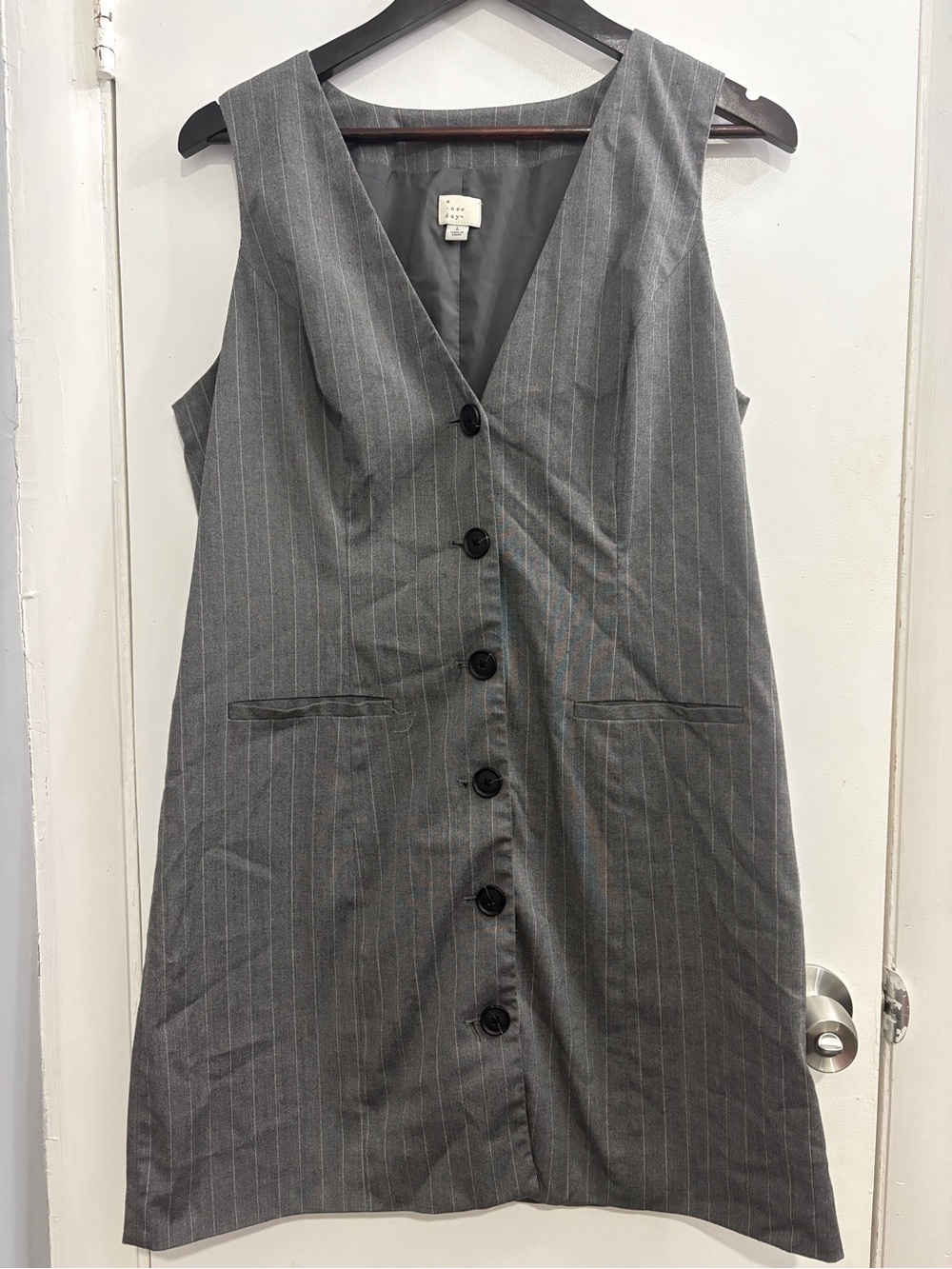 Gray Pinstripe Sleeveless Button-Front Dress